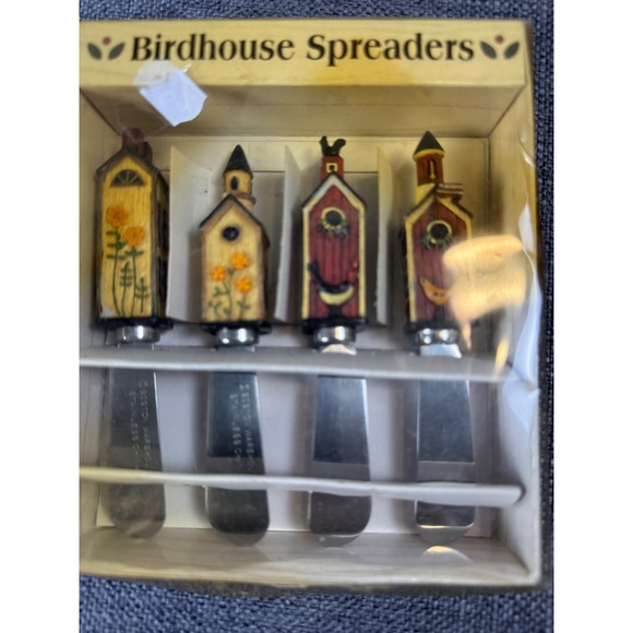 Warren Kimble Birdhouse Spreaders Set 4 Cheese Butter Knives Wood Handle - Picture 2 of 4